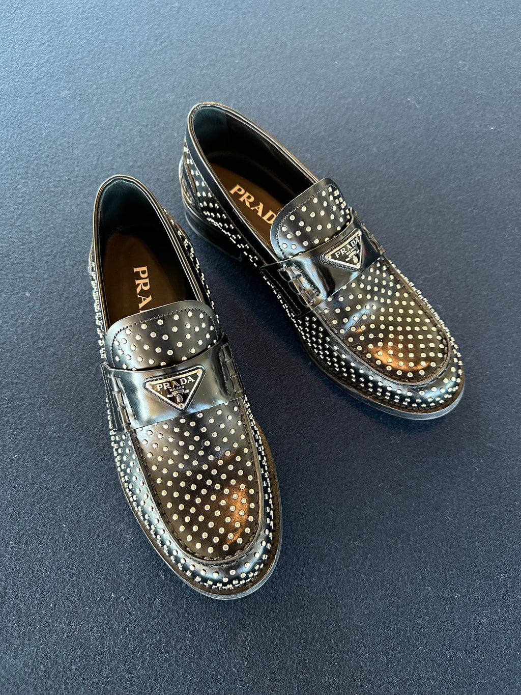 Prada Studded Loafers in Black Leather