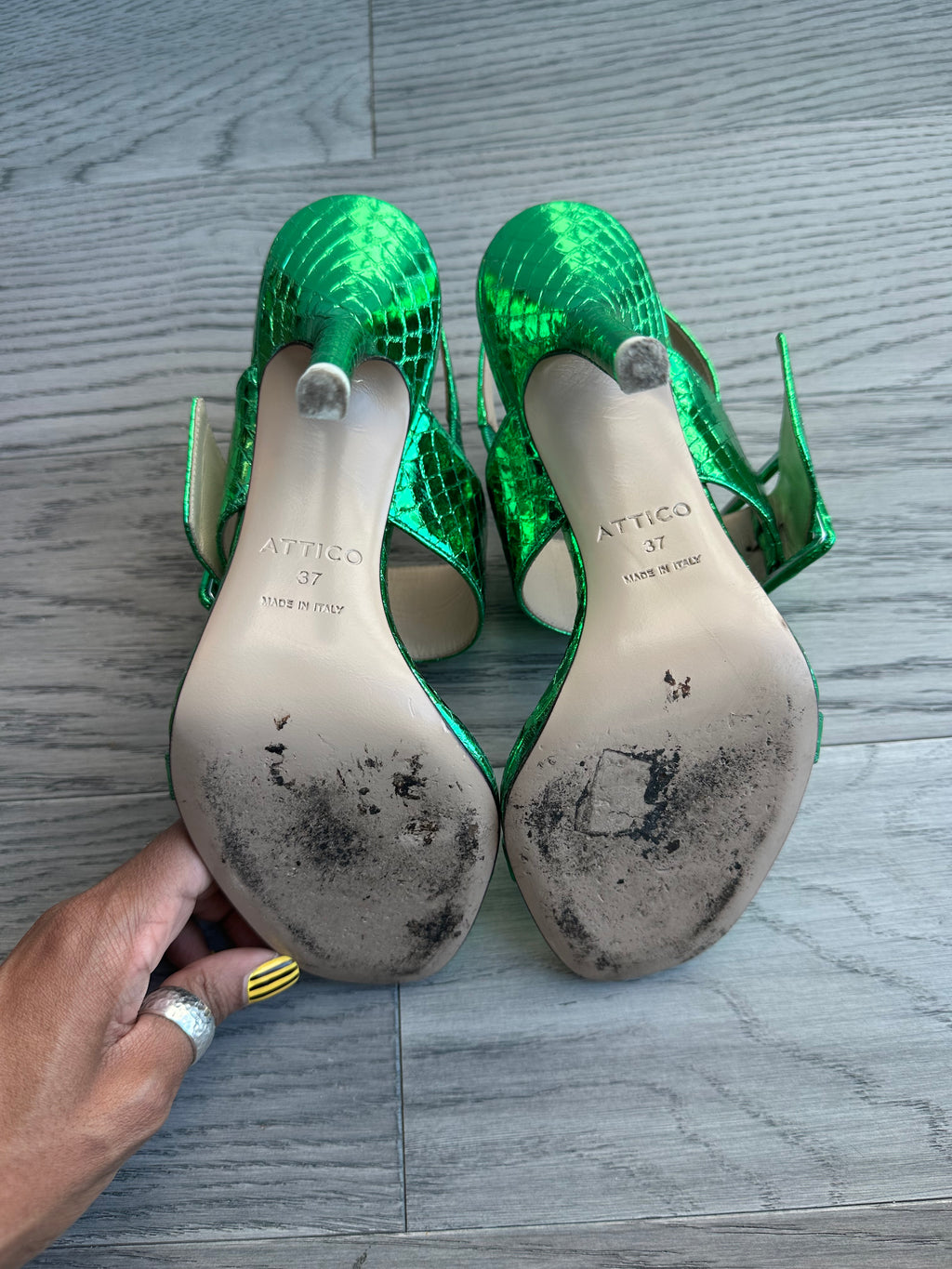Attico Heeled Sandals in Metallic Green Python