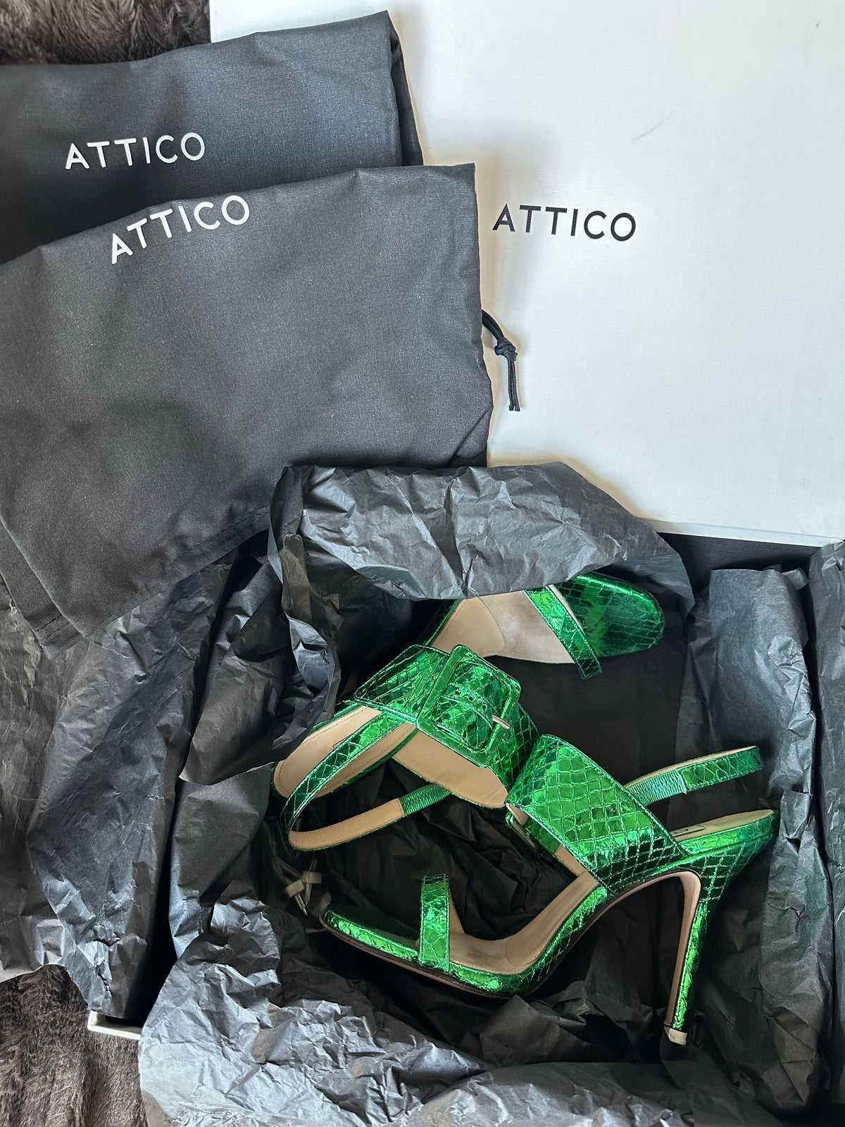Attico Heeled Sandals in Metallic Green Python