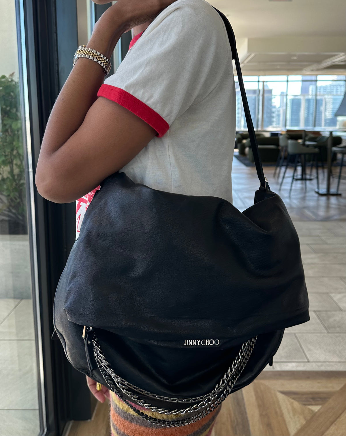 Jimmy Choo Black Leather Shoulder Bag with Silver Chain Detail
