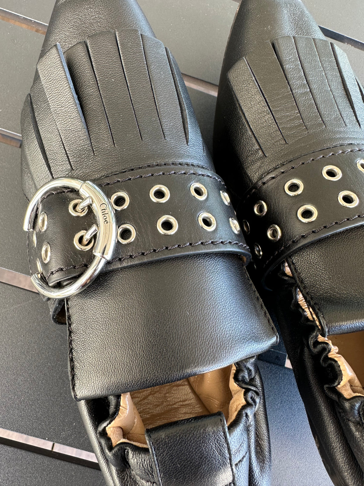 Chloe Pointed Fringe Loafers in Black Leather