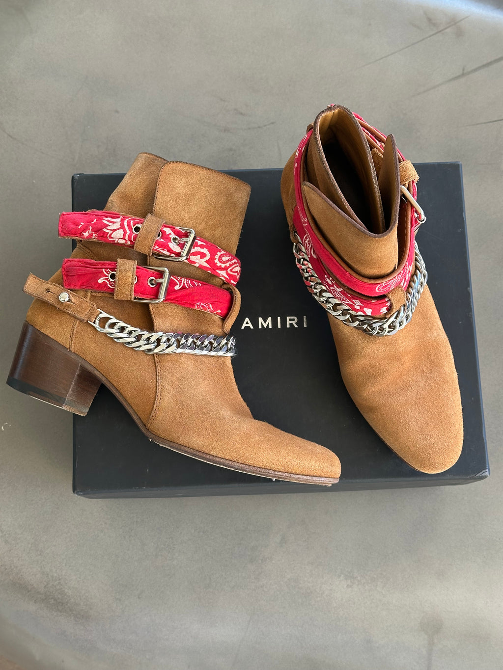 Amiri Bandana Detail Booties in Brown Suede