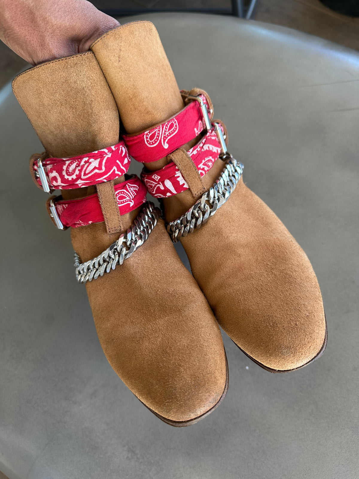 Amiri Bandana Detail Booties in Brown Suede
