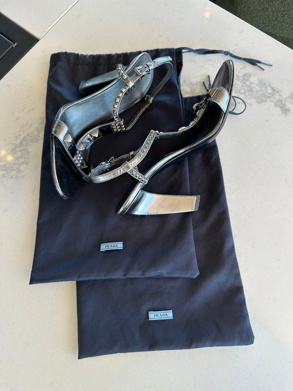 Prada Studded Heeled Sandals in Silver
