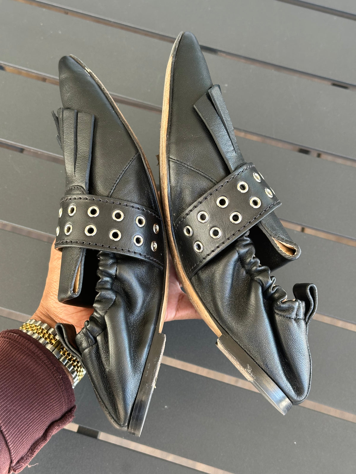 Chloe Pointed Fringe Loafers in Black Leather
