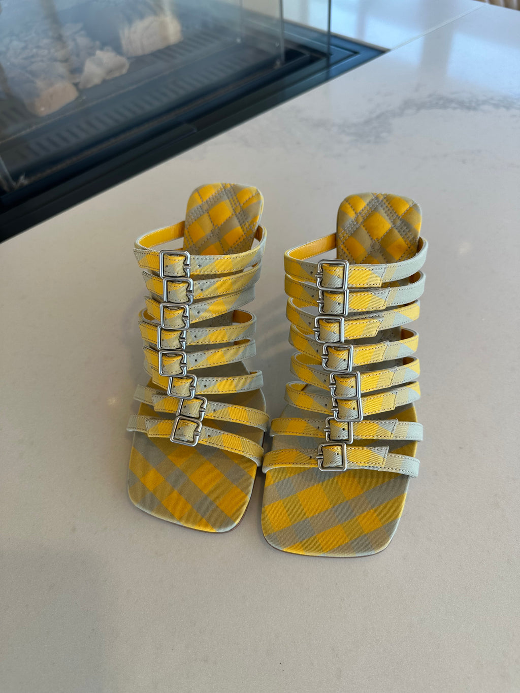 Burberry Heeled Sandals in Yellow Grey Plaid