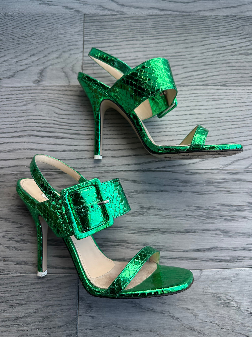 Attico Heeled Sandals in Metallic Green Python