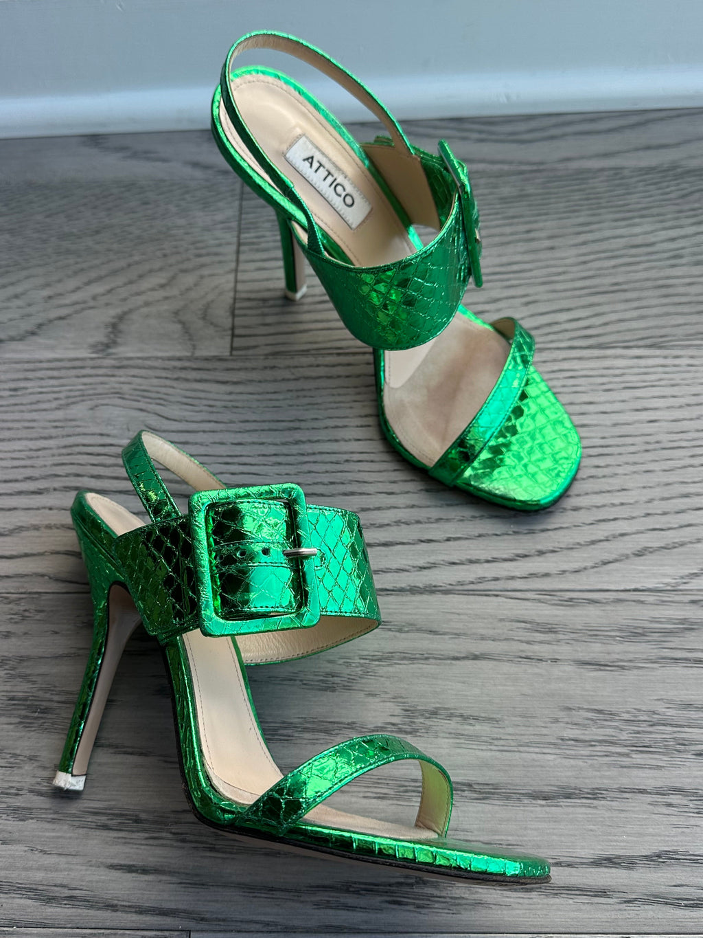 Attico Heeled Sandals in Metallic Green Python
