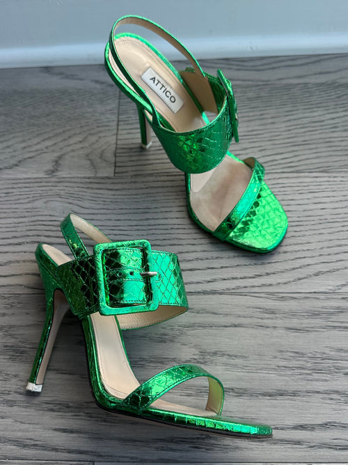 Attico Heeled Sandals in Metallic Green Python