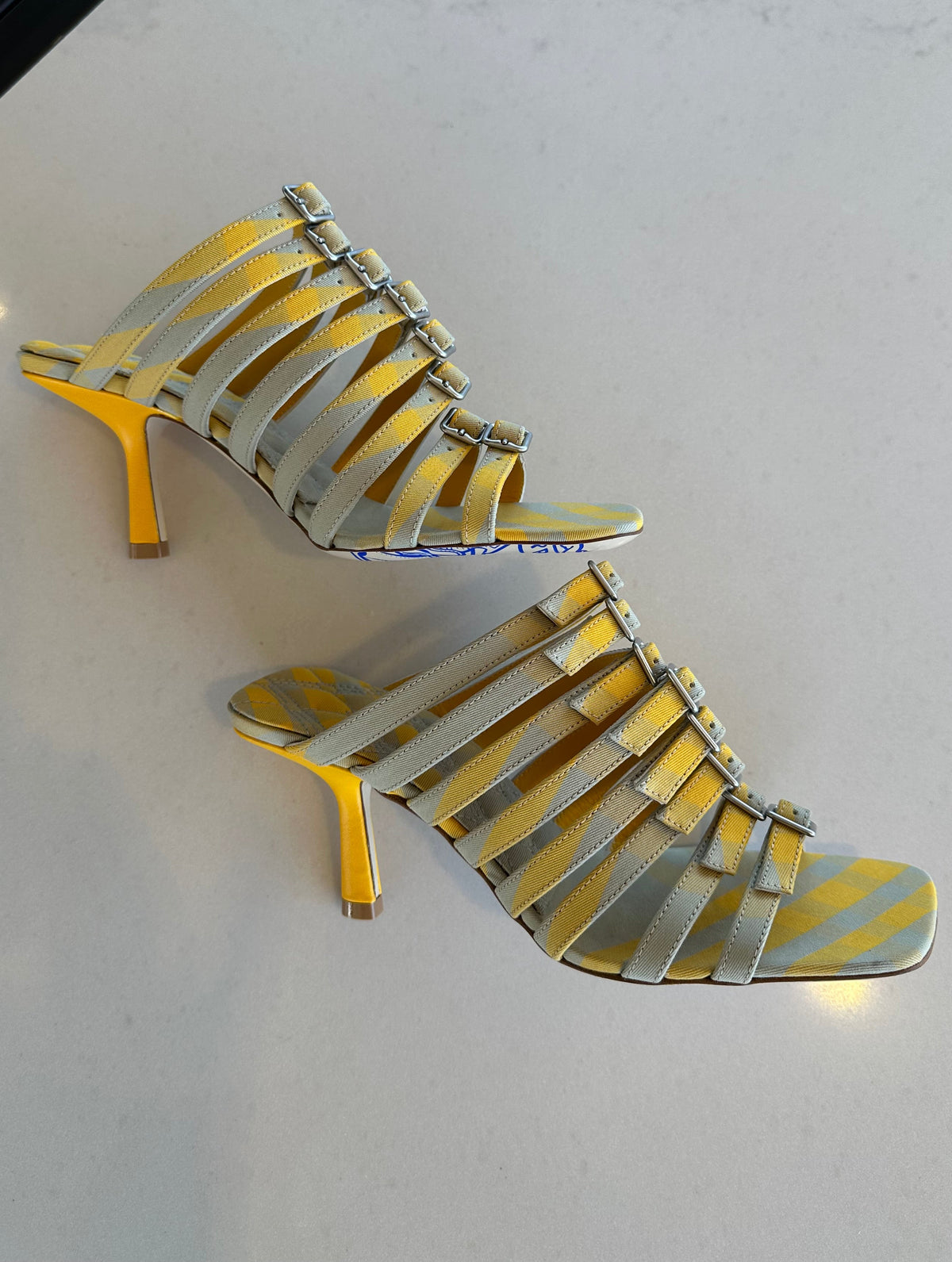 Burberry Heeled Sandals in Yellow Grey Plaid
