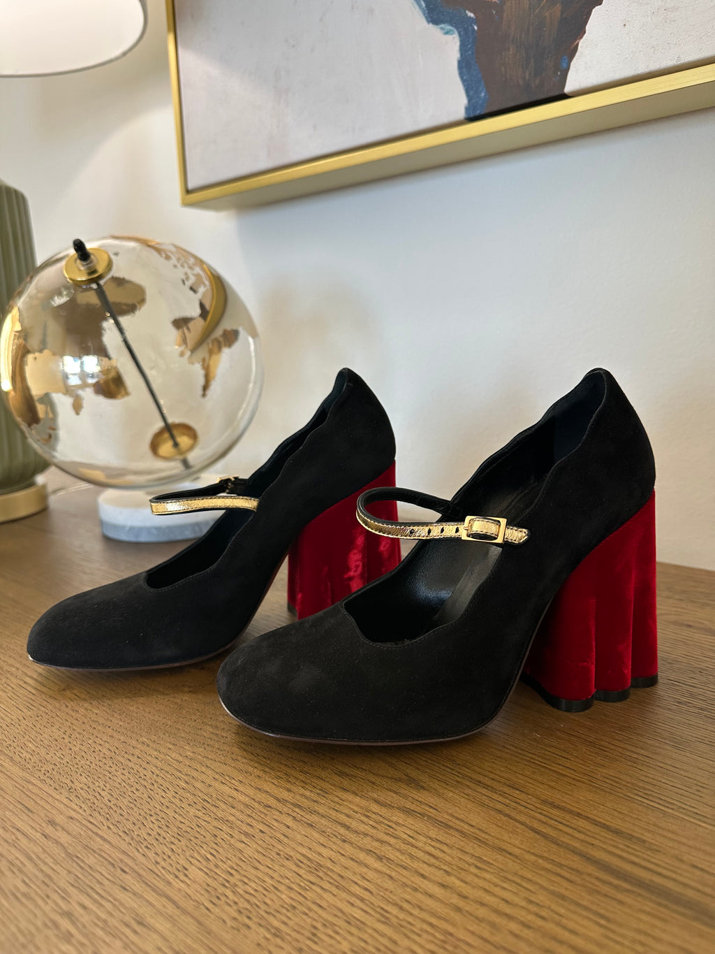 Marni Scalloped Heels in Black/Red Velvet