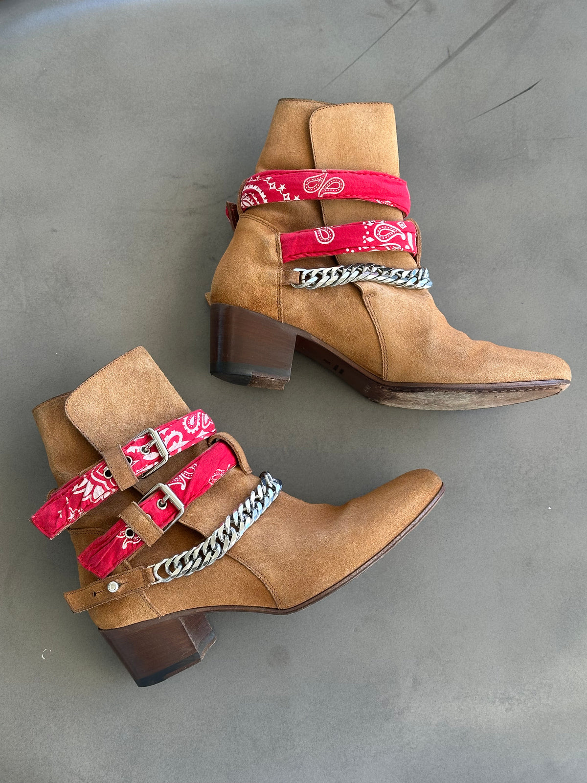 Amiri Bandana Detail Booties in Brown Suede