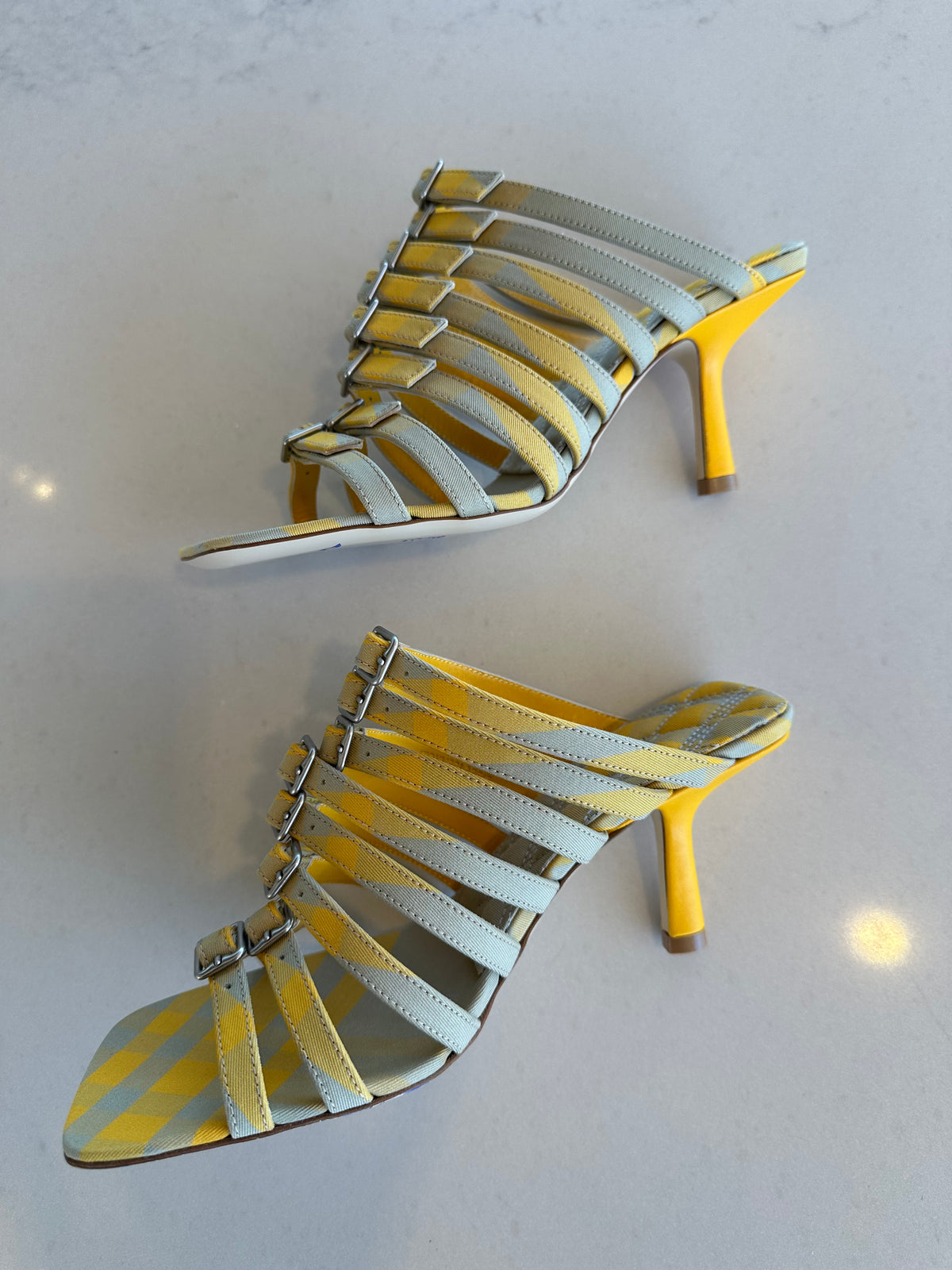 Burberry Heeled Sandals in Yellow Grey Plaid