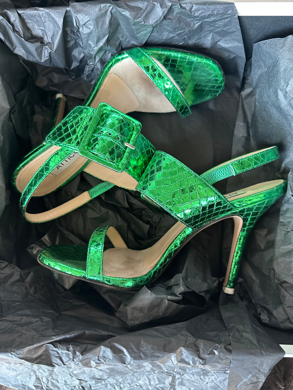 Attico Heeled Sandals in Metallic Green Python