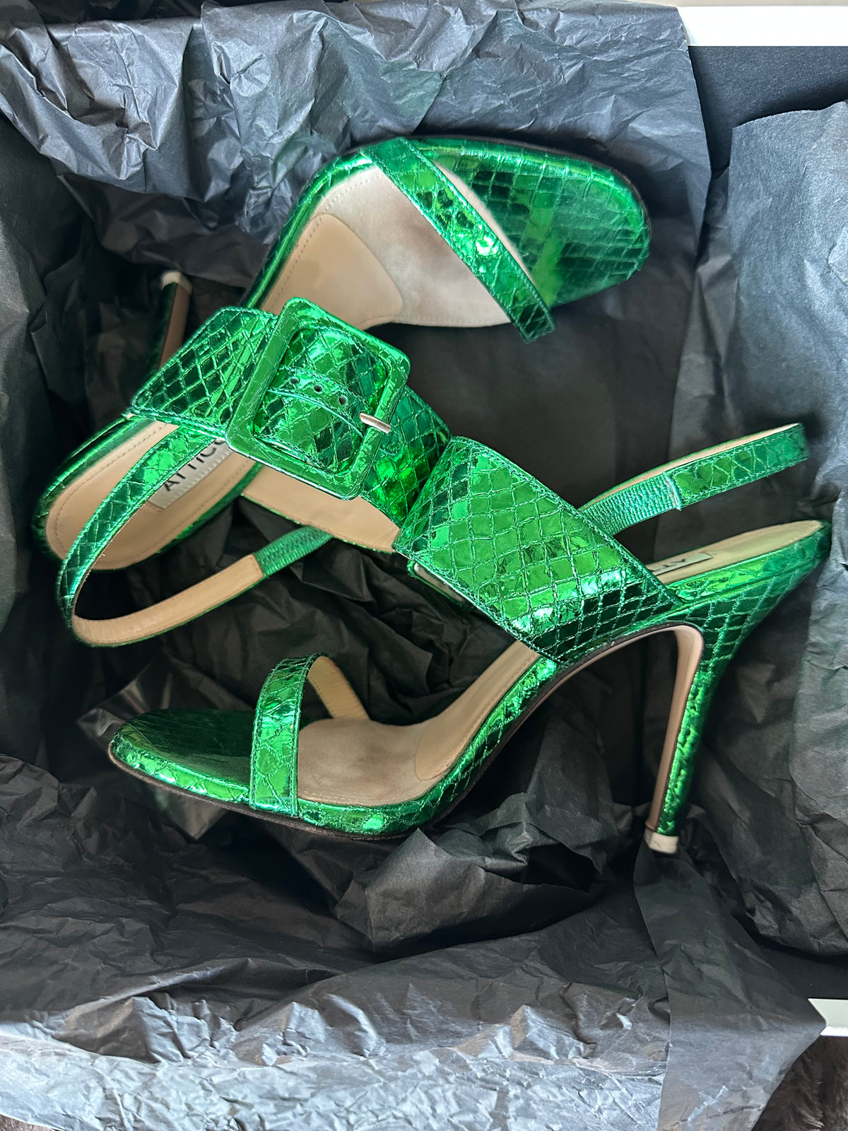 Attico Heeled Sandals in Metallic Green Python