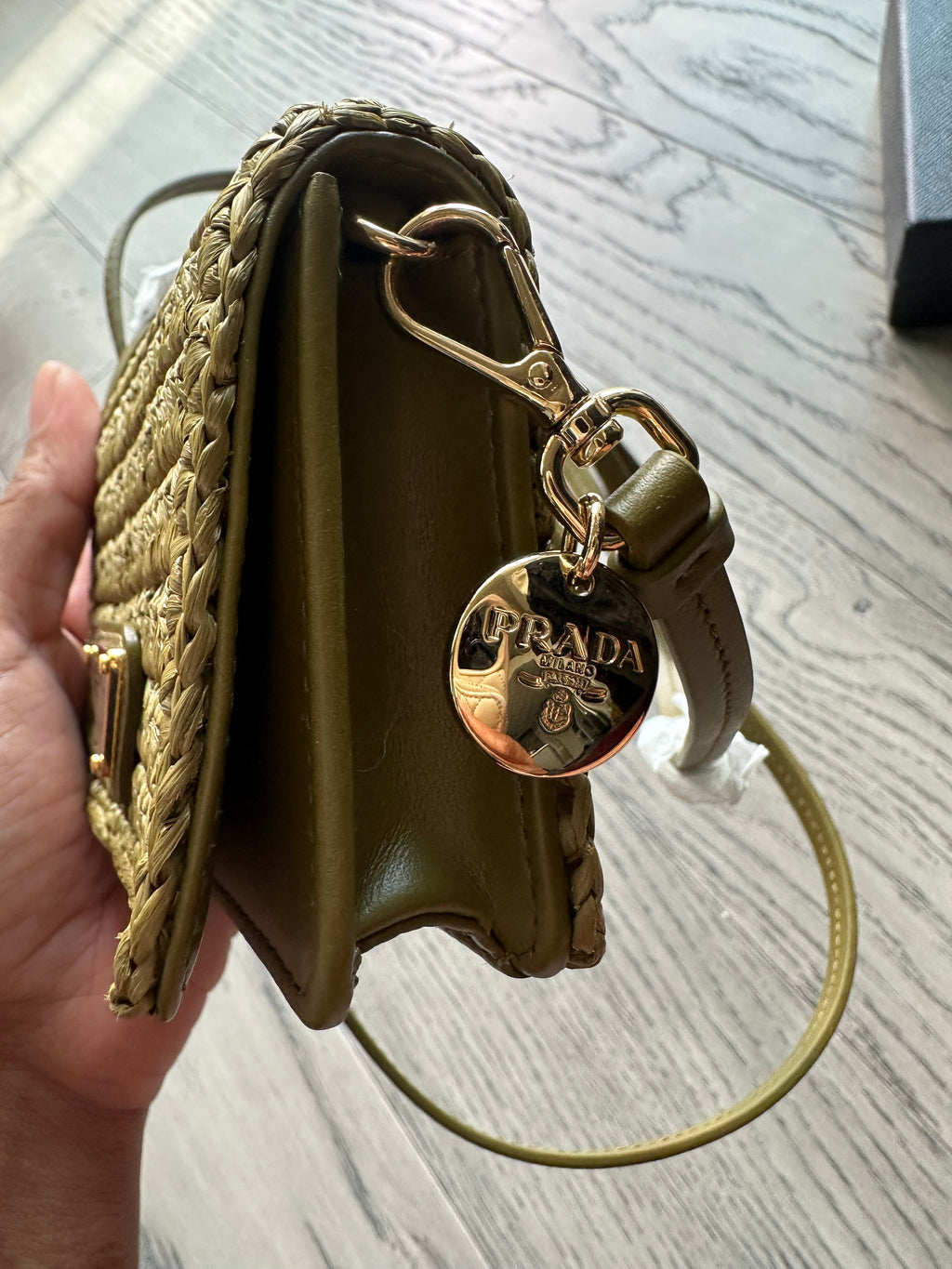 Prada Wallet on Chain in Green Raffia