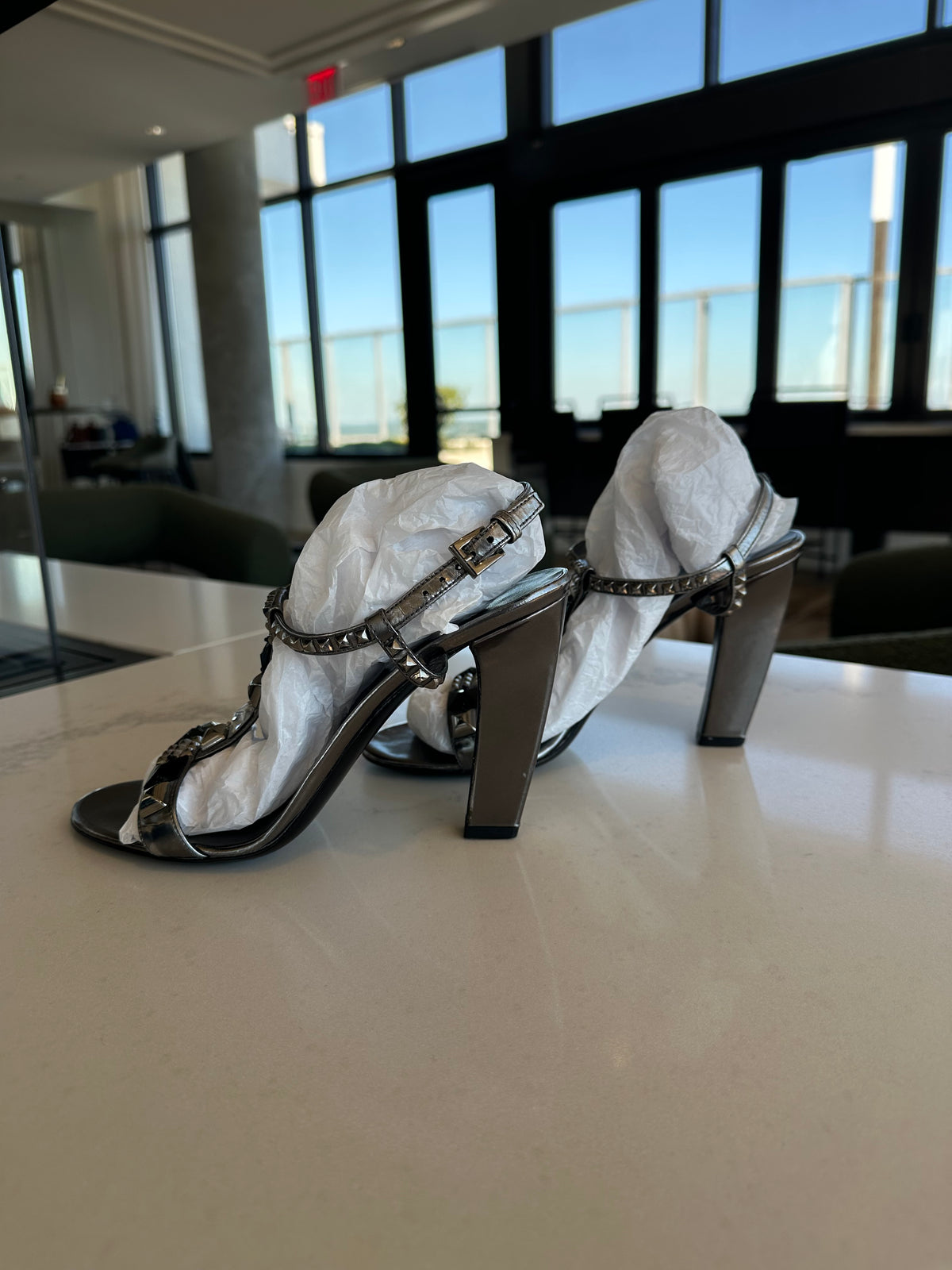 Prada Studded Heeled Sandals in Silver