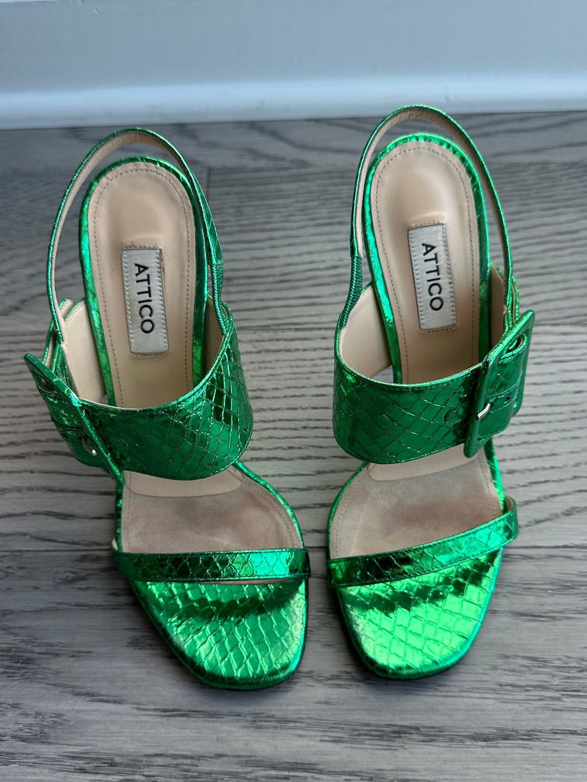 Attico Heeled Sandals in Metallic Green Python