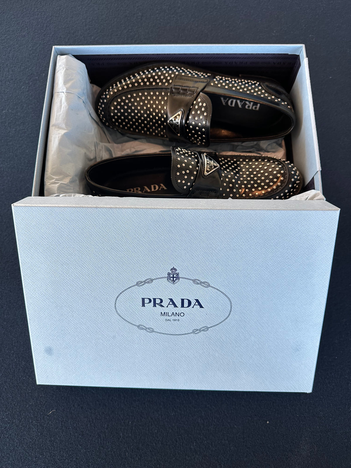 Prada Studded Loafers in Black Leather