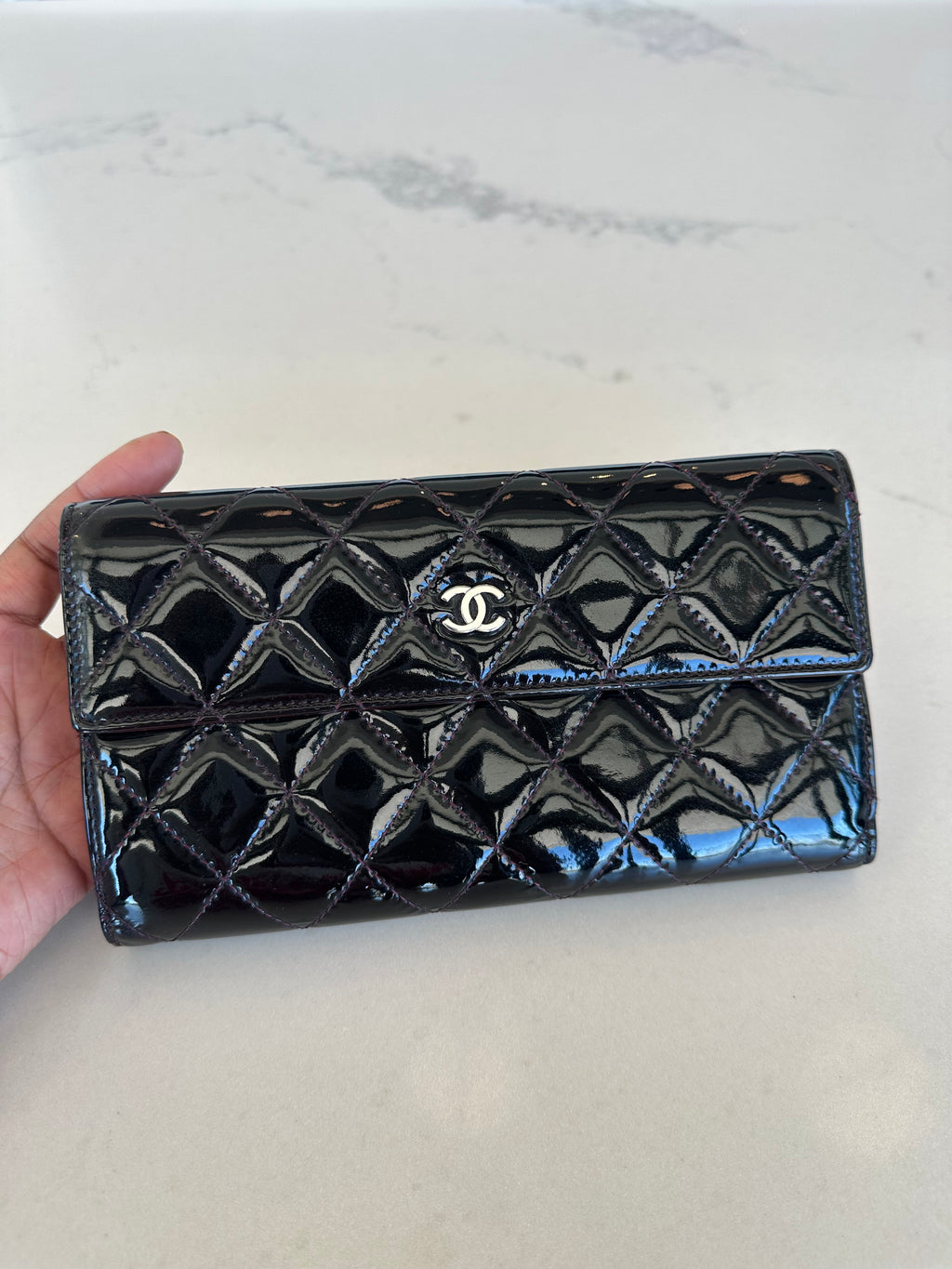 Chanel Quilted Wallet in Black Patent Leather