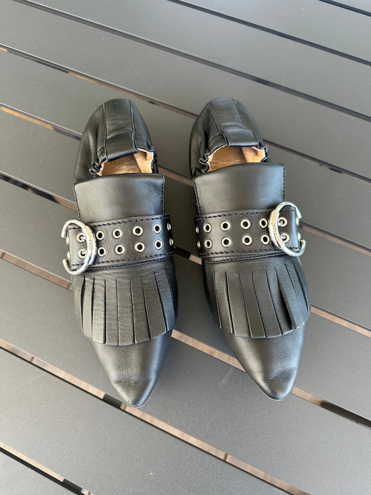 Chloe Pointed Fringe Loafers in Black Leather