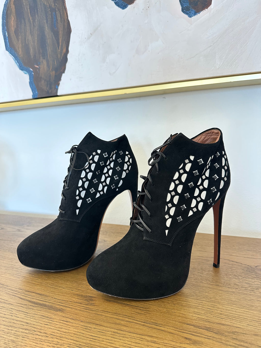 Alaïa Lace-up Heels in Black Suede