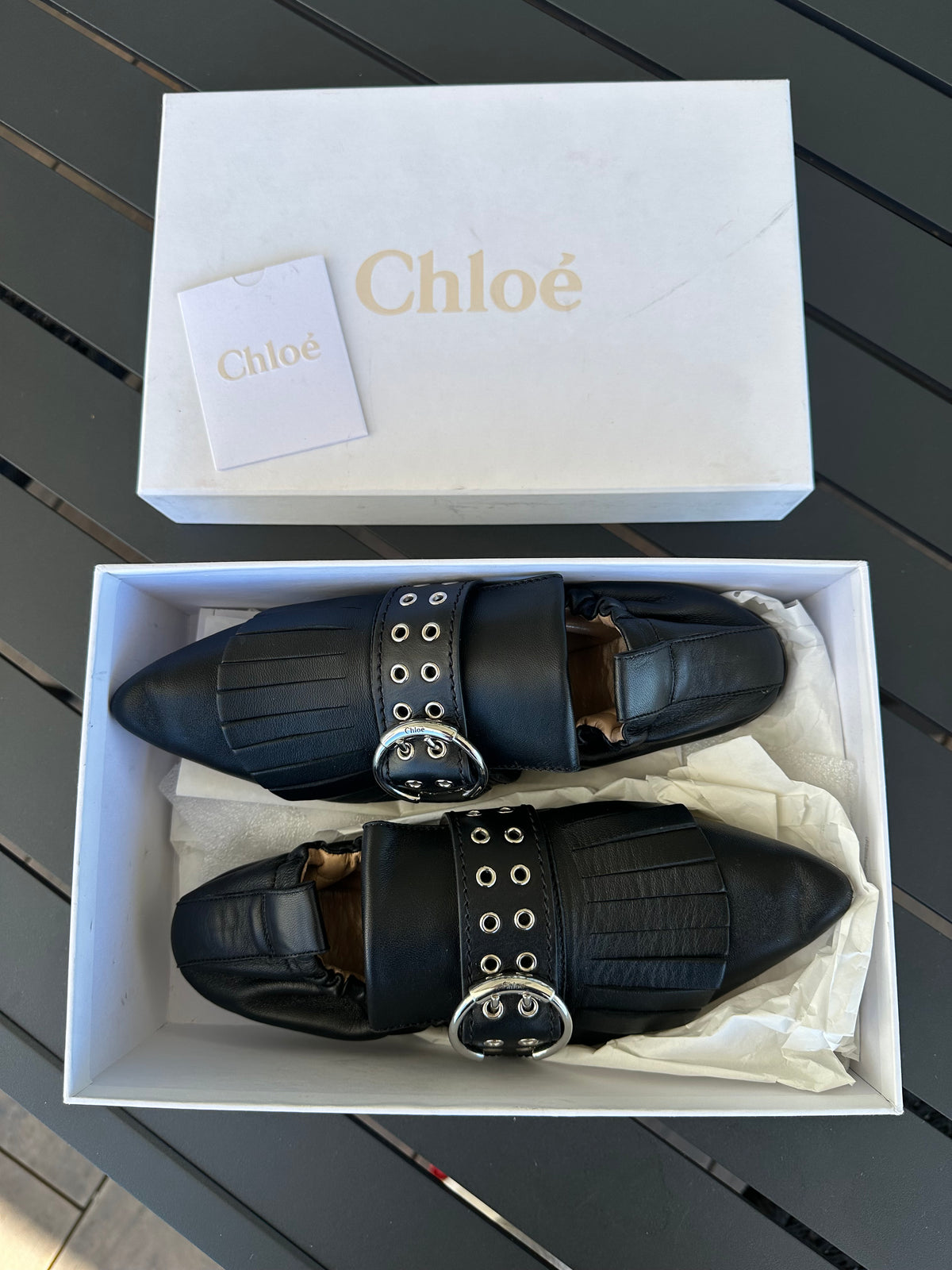 Chloe Pointed Fringe Loafers in Black Leather