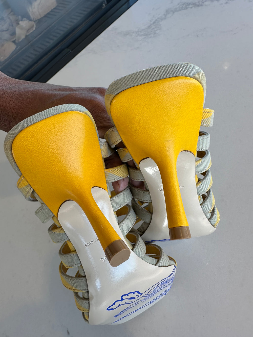 Burberry Heeled Sandals in Yellow Grey Plaid