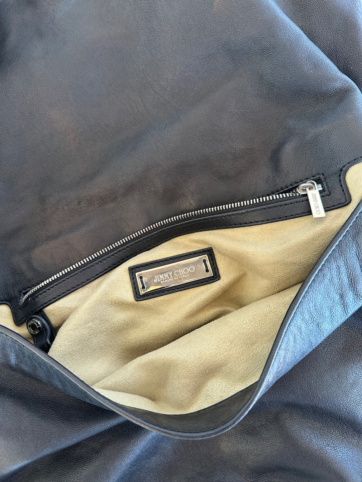 Jimmy Choo Black Leather Shoulder Bag with Silver Chain Detail