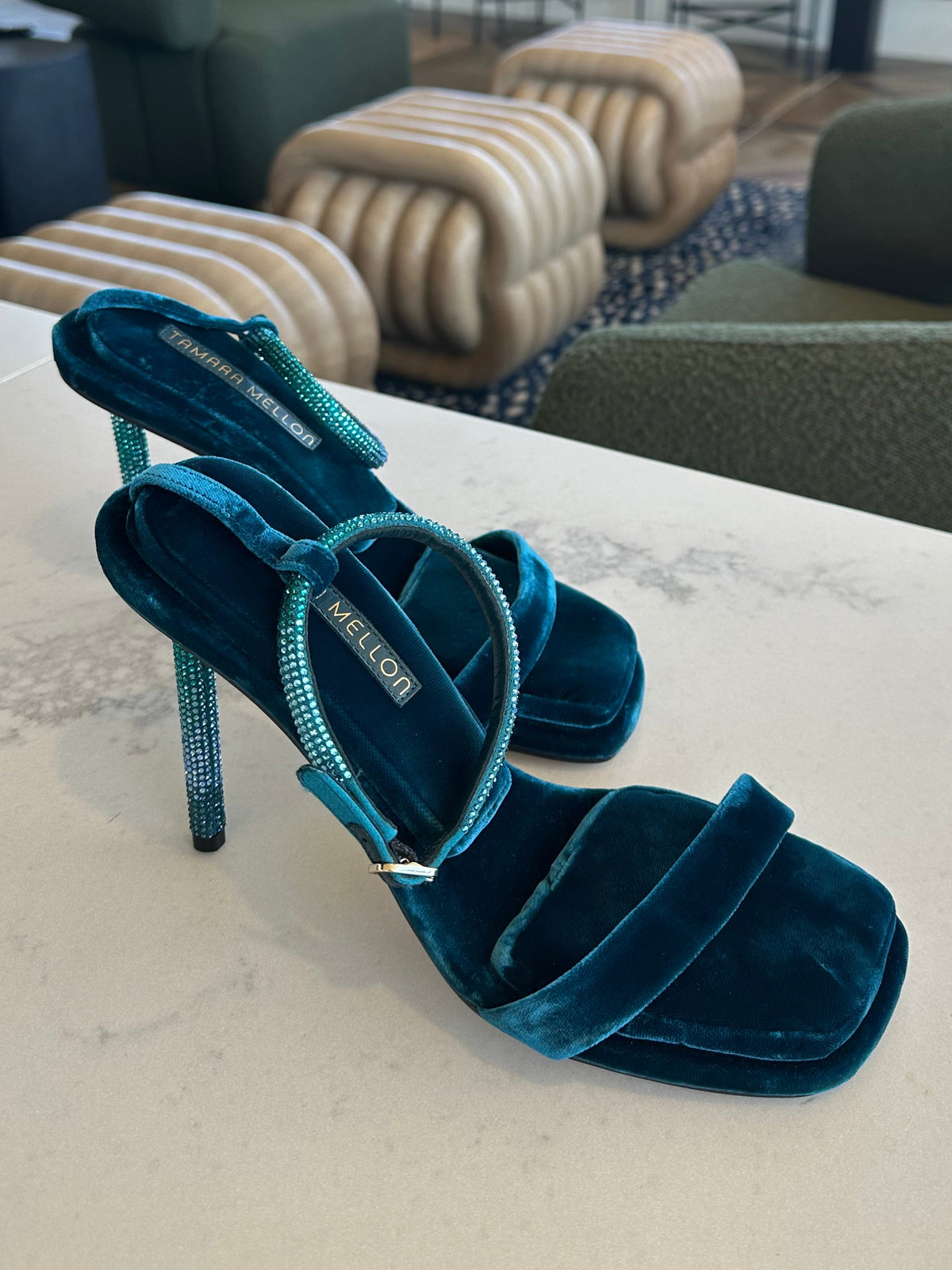 Tamara Mellon Jeweled Heels in Blue Velvet