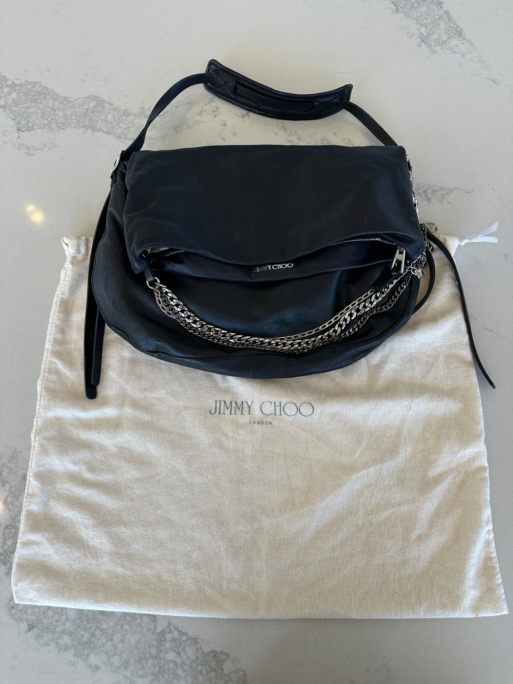 Jimmy Choo Black Leather Shoulder Bag with Silver Chain Detail