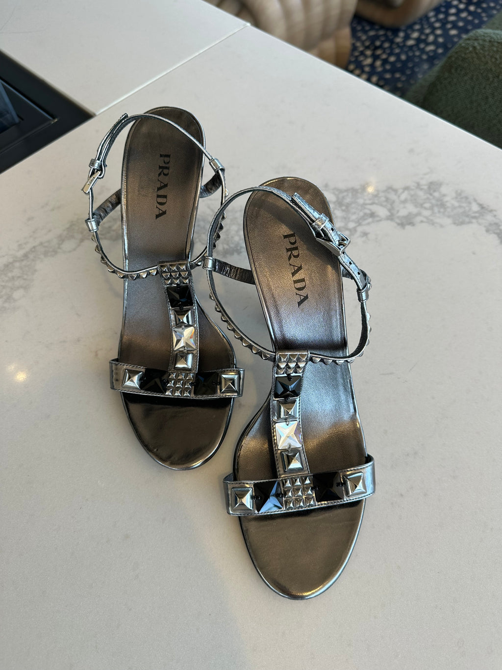 Prada Studded Heeled Sandals in Silver