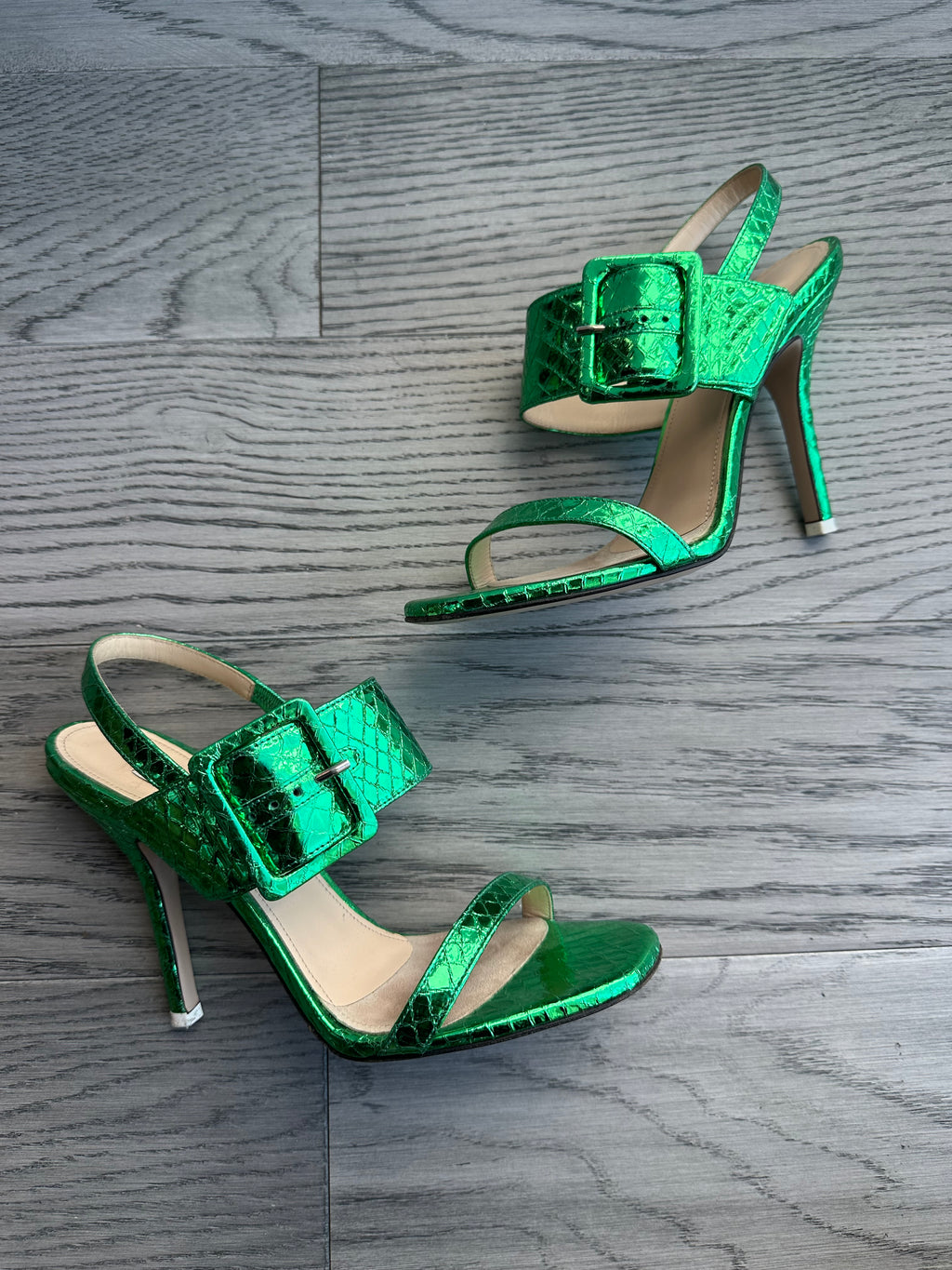 Attico Heeled Sandals in Metallic Green Python