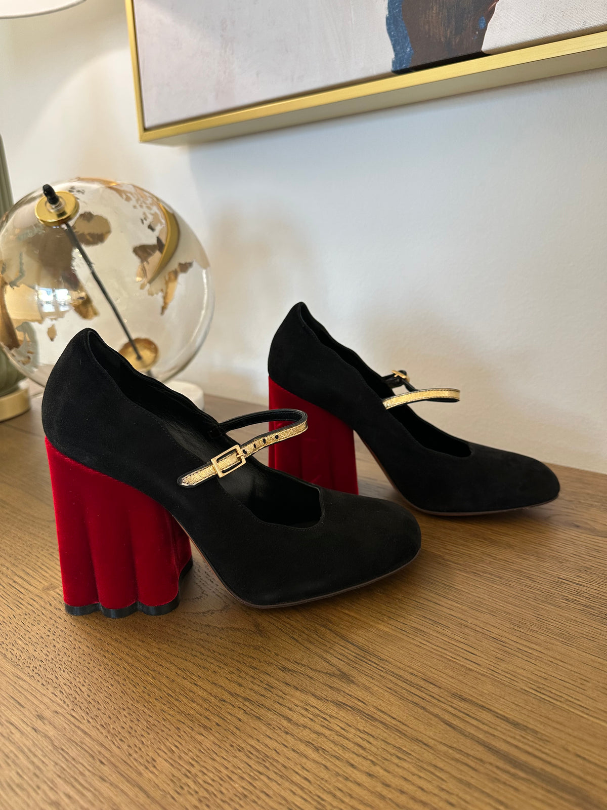 Marni Scalloped Heels in Black/Red Velvet