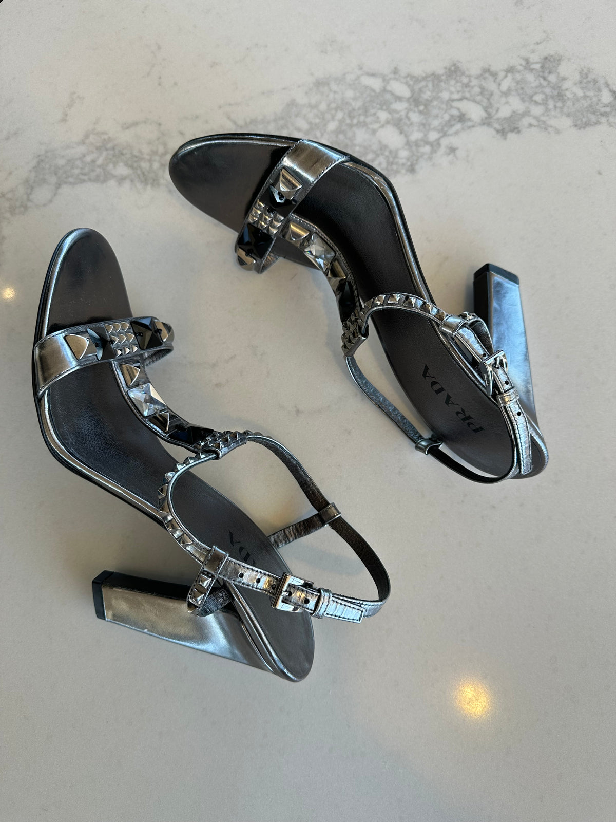Prada Studded Heeled Sandals in Silver