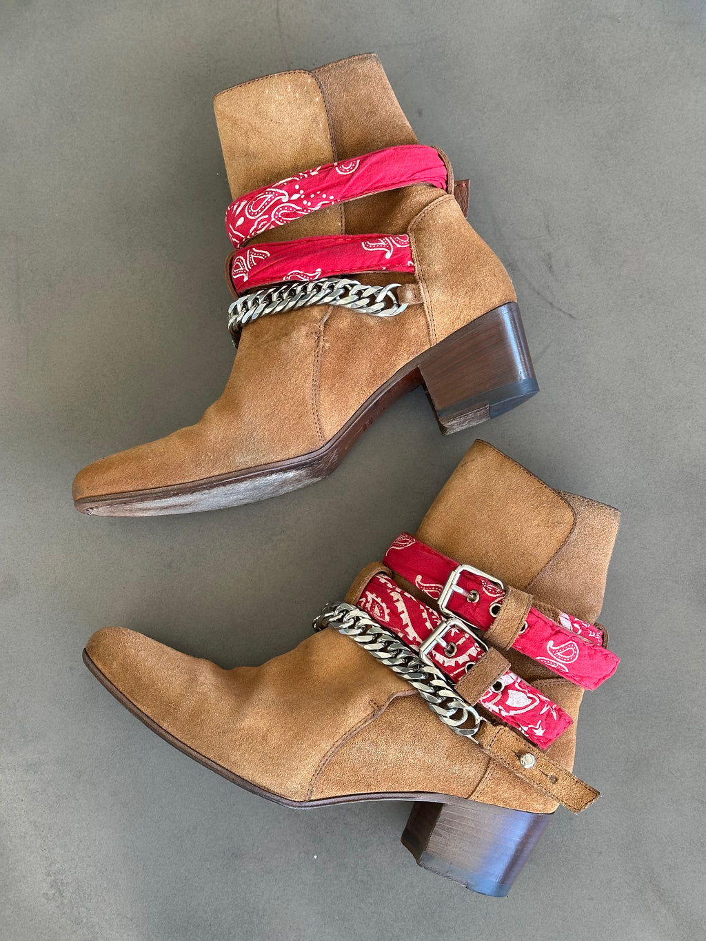 Amiri Bandana Detail Booties in Brown Suede