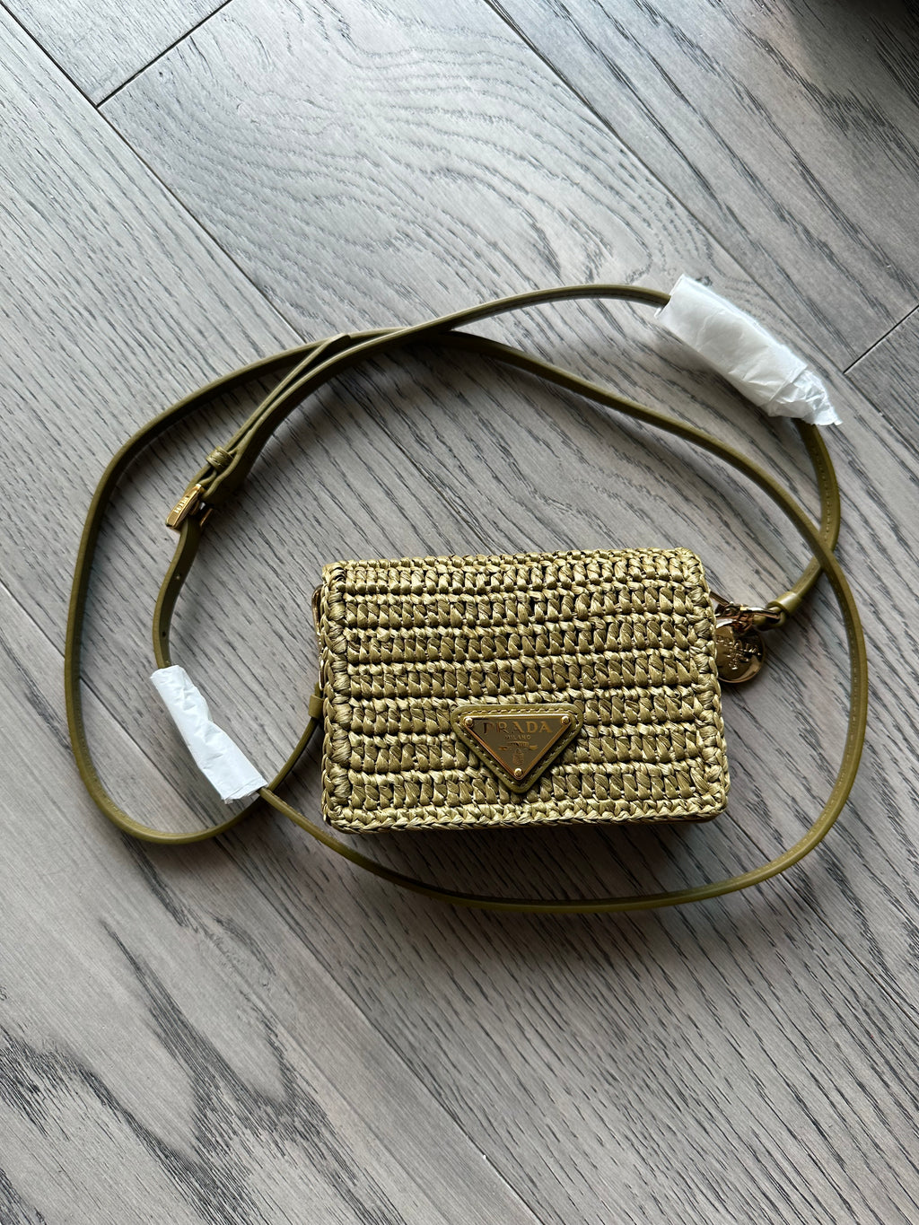 Prada Wallet on Chain in Green Raffia