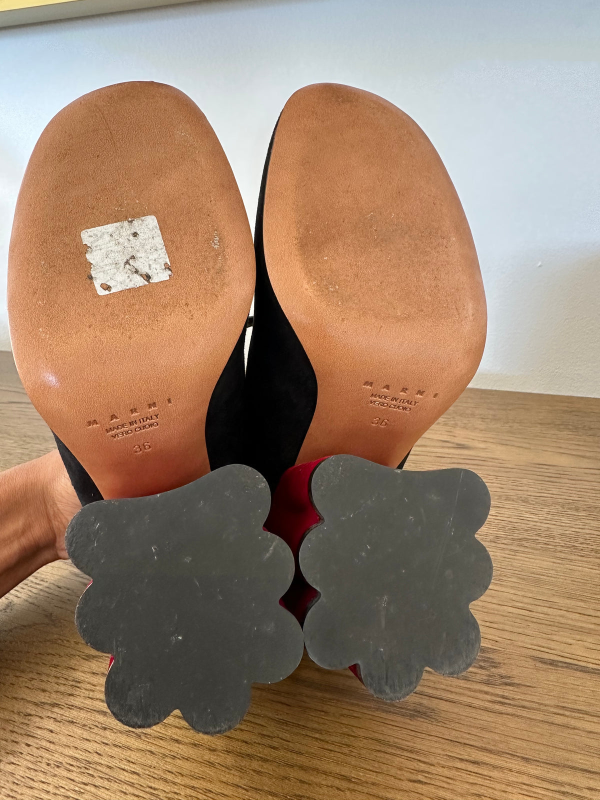 Marni Scalloped Heels in Black/Red Velvet