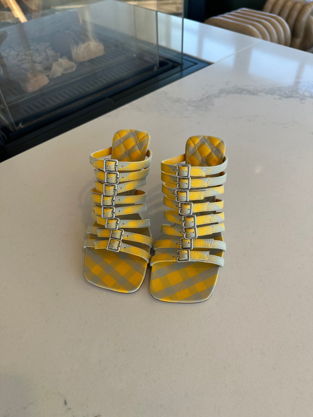 Burberry Heeled Sandals in Yellow Grey Plaid