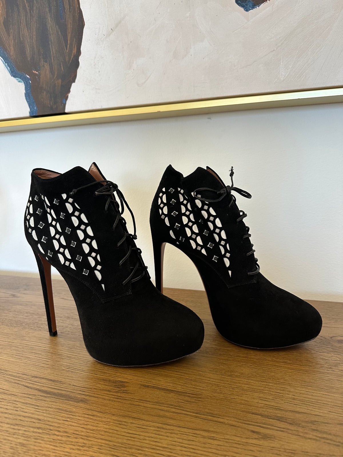 Alaïa Lace-up Heels in Black Suede