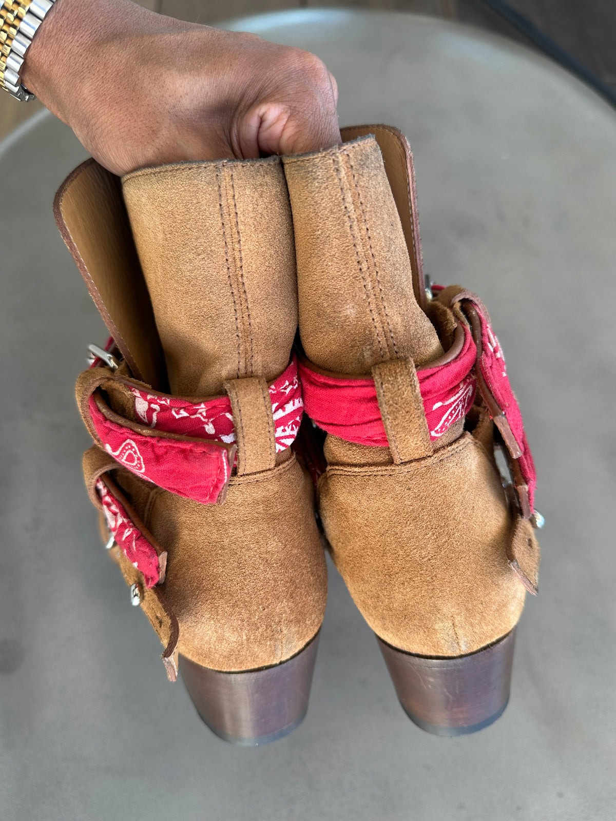 Amiri Bandana Detail Booties in Brown Suede