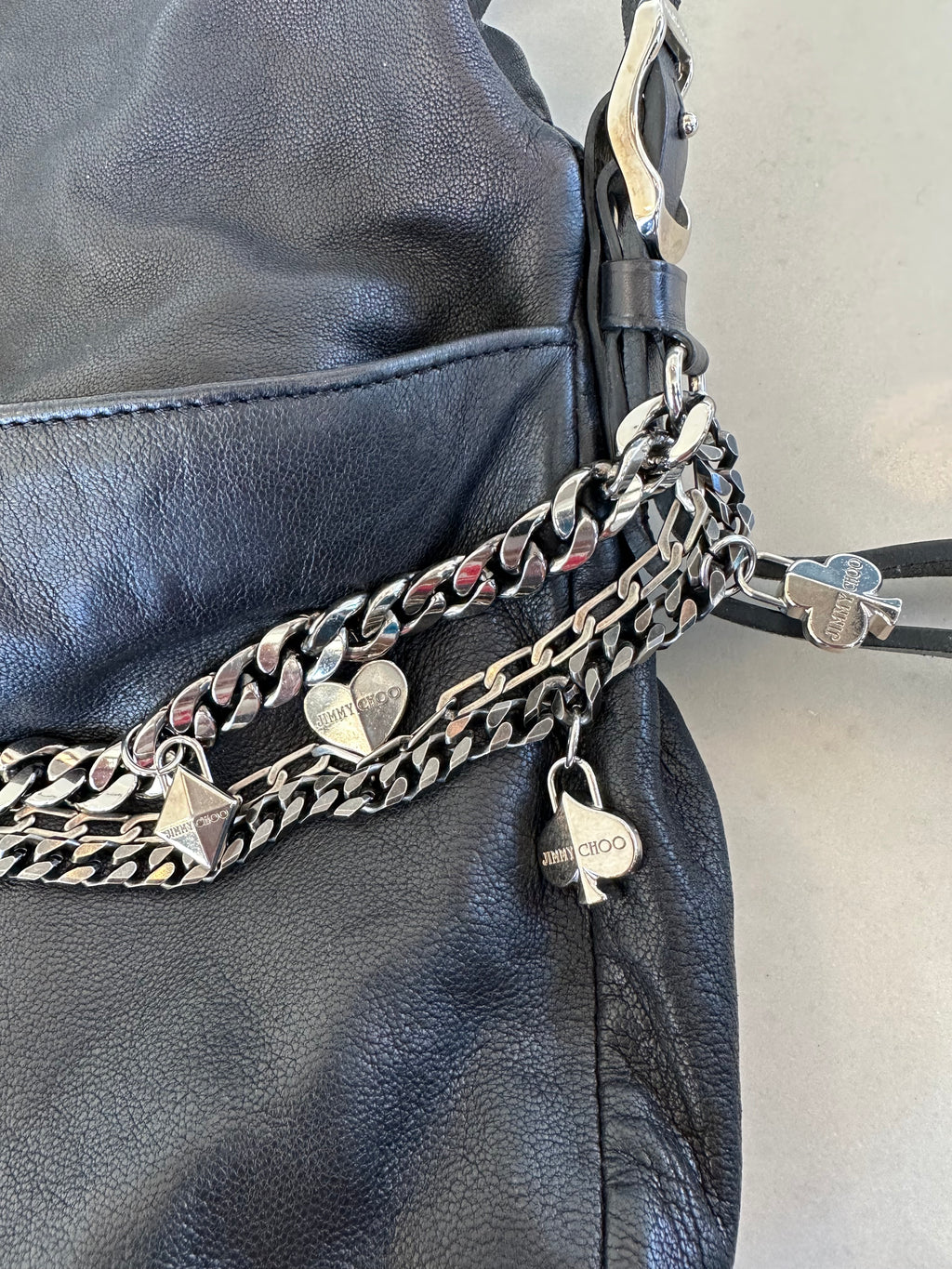 Jimmy Choo Black Leather Shoulder Bag with Silver Chain Detail
