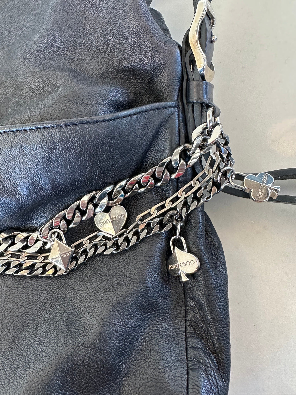Jimmy Choo Black Leather Shoulder Bag with Silver Chain Detail